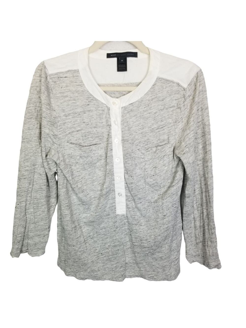 Marc Jacobs Women Linen Blend Henley Shirt M Designer Minimalist Coastal Grandma